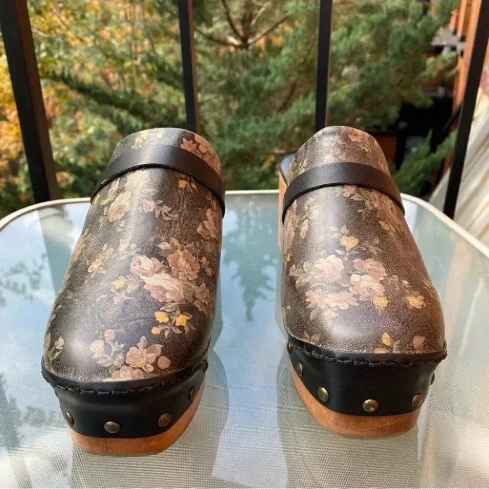 New Free People Calabasas Floral Wooden Clogs Black Womens 7 - Picture 6 of 15
